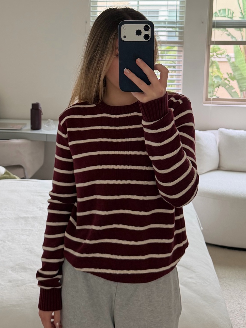 Brandy Melville Striped Burgundy and Cream Knit Sweater